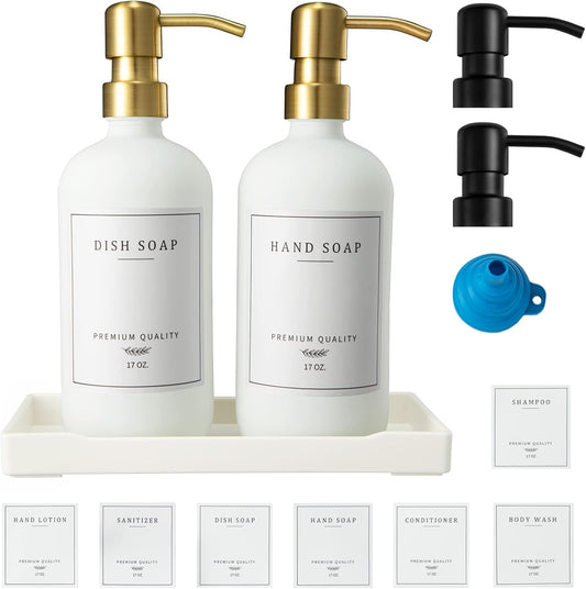 Glass Soap Dispenser for Kitchen Sink,Farmhouse Kitchen Dish Soap Dispenser&Hand Soap Dispenser Set,Rustproof Pump Soap Lotion Dispenser Bathroom with Tray,Waterproof Label for Decor(White