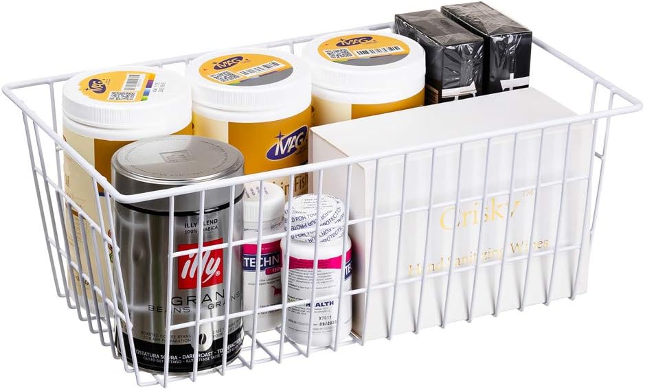 SANNO Freezer Baskets Wire Storage Baskets Closet Storage Baskets Bins Refrigerator Storage Containers for Home Office, Bathroom, Pantry Organization Storage Bins -Set of 3, White, 15.7"