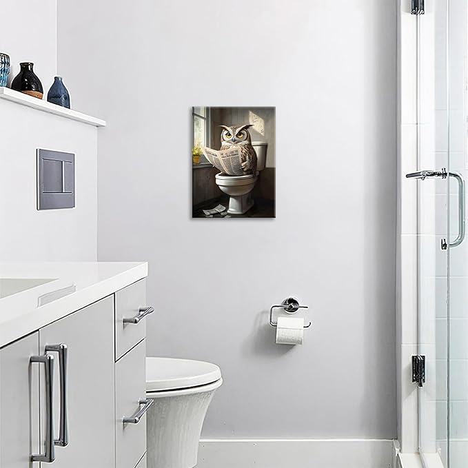 Owl Bathroom Wall Art, Funny Owl Toilet Pictures Wall Decor, Bird Canvas Prints, Animal Painting, Framed Artwork for Bathroom Living Room Bedroom Office Dining Room 20"X16"