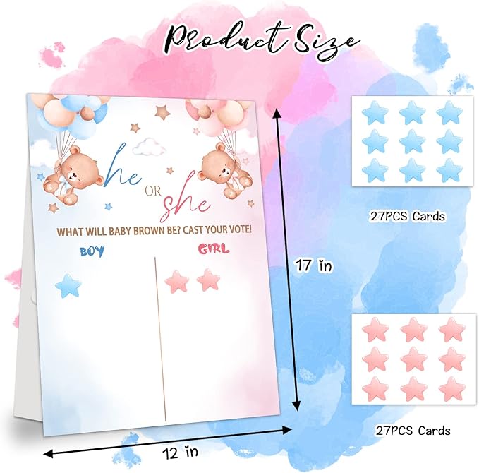 LNOKRIM Gender Reveal Party Games, Bear Theme Baby Gender Reveal Voting Board Sign, 54 Boy Girl Voting Stickers, He or She, Gender Reveal Party Centerpiece Decorations (12x17)