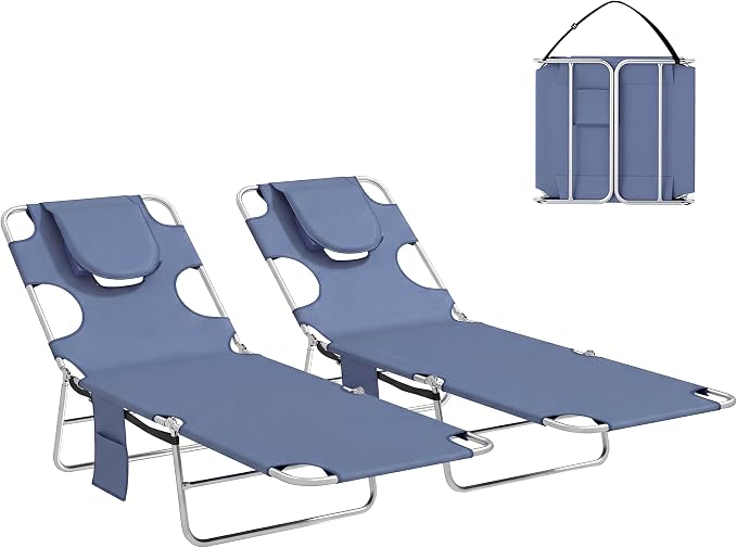 Outsunny Chaise Lounge Chair Outdoor Set of 2 with Face Arm Hole, 5-Position Reclining Face Down Tanning Chair with Carry Strap, Side Pocket, Portable Folding Bed Cot for Patio Beach Pool, Gray