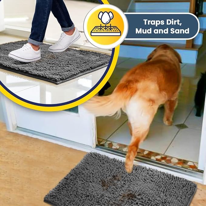 Muddy Mat® | Super Water Absorbent Door Mat Indoor, Microfiber Quick Dry Chenille Entryway Rug, Slip Resistant Front Door Mat, Indoor Mats for Entryway, Machine Washable Pet Rug, Grey 30" x 60"
