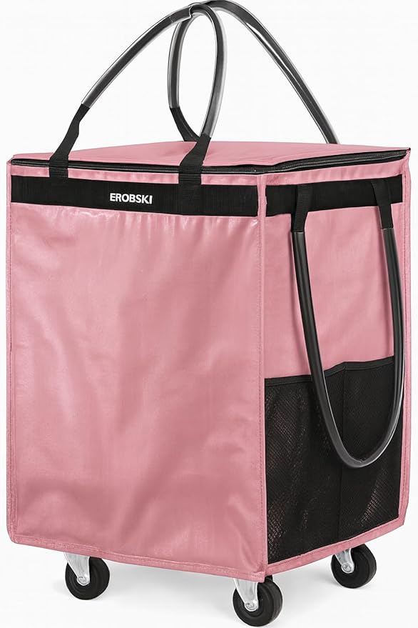 (Medium,Pink) Reusable Grocery Bag on Wheels, 70L Foldable Rolling Tote, Carries Up to 66 lbs Shopping Trolley, Zipper Clouser Shopping Carts for Trips, Laundry, 4 Heavy Duty Wheels and 3 Handles