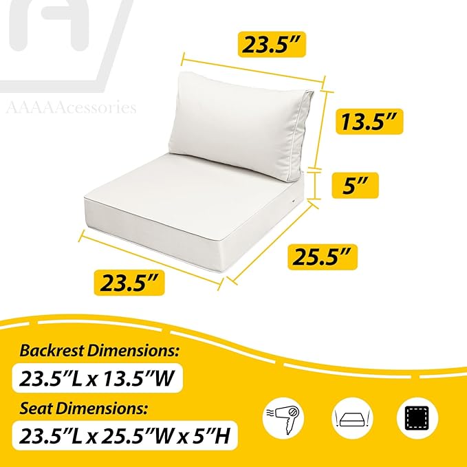 AAAAAcessories Outdoor Seat Cushions for Chairs, Fade-Resistant, Waterproof Patio Furniture Replacement Cushions, 23.5" x 25.5" x 5" + 23.5" x 13.5", Creamy White
