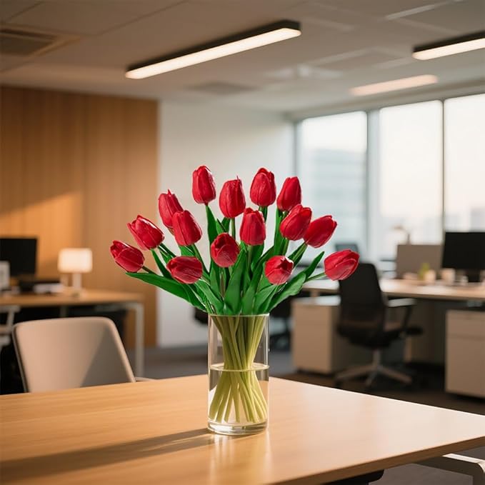 20pcs red Faux Tulips Flowers Fake Flowers Bouquets 13.5" Mother's Day Easter Valentine’S Day Gifts in Home Kitchen Wedding Dining Table Decorations Aesthetic No Odor