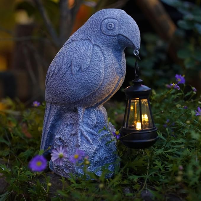 Outdoor Figurine Lights-Solar-Powered Parrot Garden Light - Waterproof Resin Statue, Auto-Charging led lamp for Outdoor Decor - Unique Birthday, Christmas Present (Smoke Gray)