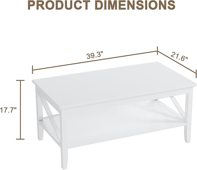 ChooChoo White Coffee Table Classic X Design for Living Room, Rectangular Modern Cocktail Table with Storage Shelf, 39 Inch