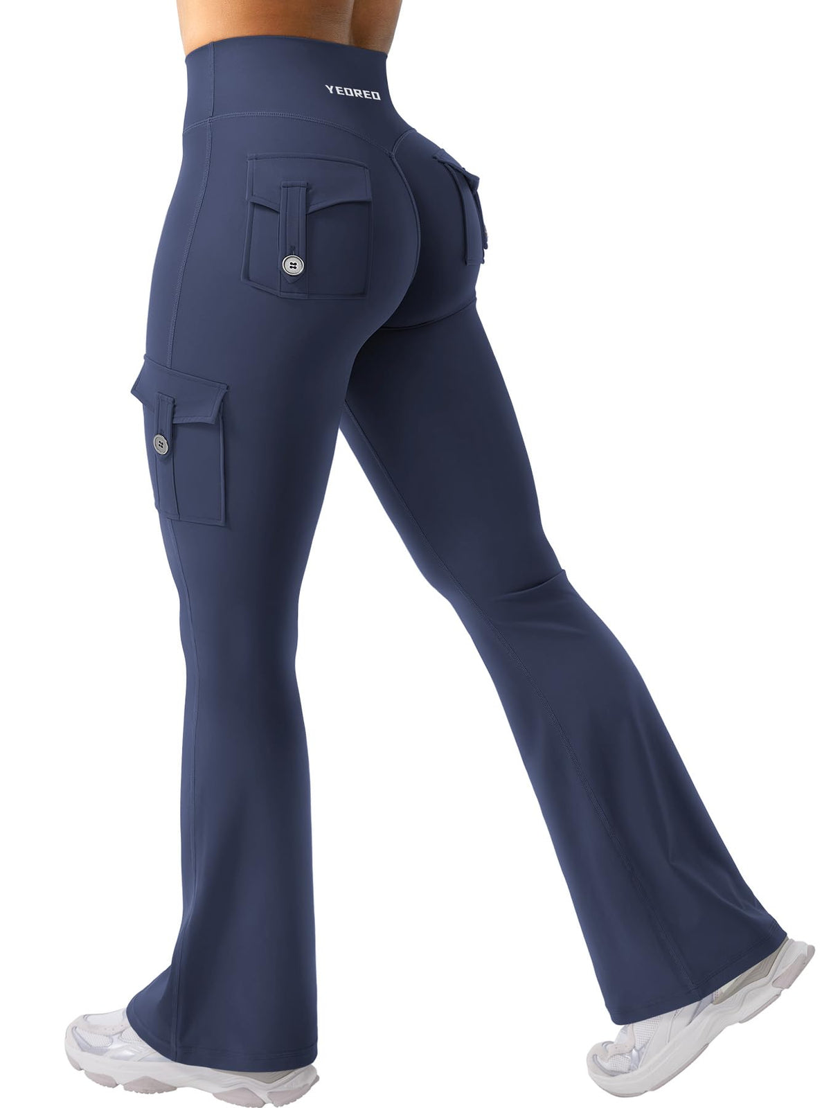 YEOREO CoreFlex Women Workout Flare Leggings with Pockets Hidden Scrunch High Waisted Cargo Gym Yoga No Front Seam Leggings Navy XL
