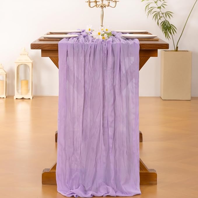 Socomi 3pcs Lilac Purple Lavender Cheesecloth Table Runner Fall Thanksgiving Boho Rustic Gauze 120 inch 10FT Cheese Cloth Runner for Wedding Party Baby Shower Birthday Home Decor Holiday Decorations