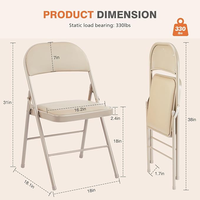 Sweetcrispy Folding Chair 6 Pack, Leather Padded Folding Chairs, Sturdy Metal Foldable Chairs, Easy to Use and Store, Outdoor and Indoor, for Home, Office, Party, Comfy