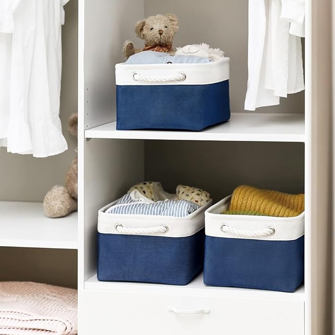 TheWarmHome Storage Basket for Organizing - Medium 3 Pack 14x10x7 inch Fabric Storage Cubes for Shelves with Rope, Collapsible Storage Bin for Organizer Closet Cloth Gift Toy (White & Jean Blue)