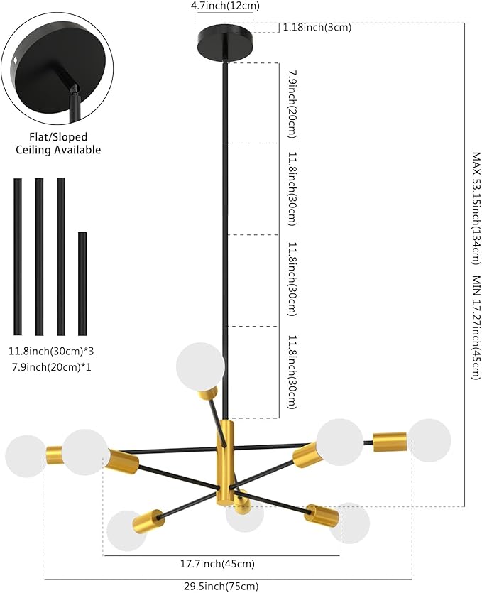 Sputnik Ceiling Light Fixture Chandelier, 8-Light Dining Room Light Over Table Height Adjustable Mid Century Hanging Light Fixture E26 Pendant for Bedroom Kitchen Livingroom 53InchH Gold+Black