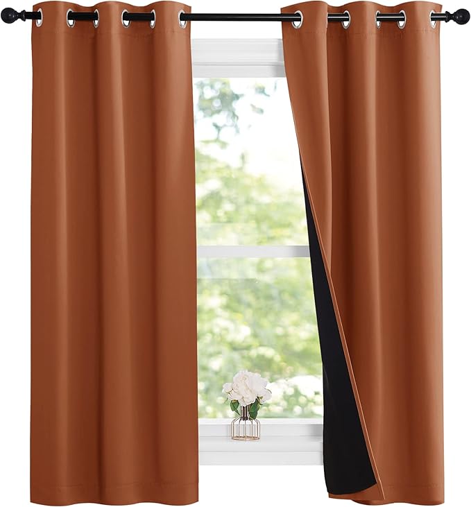 NICETOWN Burnt Orange 100% Blackout Lined Curtains, 2 Thick Layers Narrow Wide