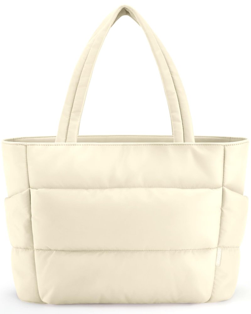 HOTOR Puffer Tote Bag for Women, Nurses - Multi-Pocket Lightweight Bag for Work - Quilted Handbag for Travel and Gym, Beige, 20.1" x 6.7" x 13.4"