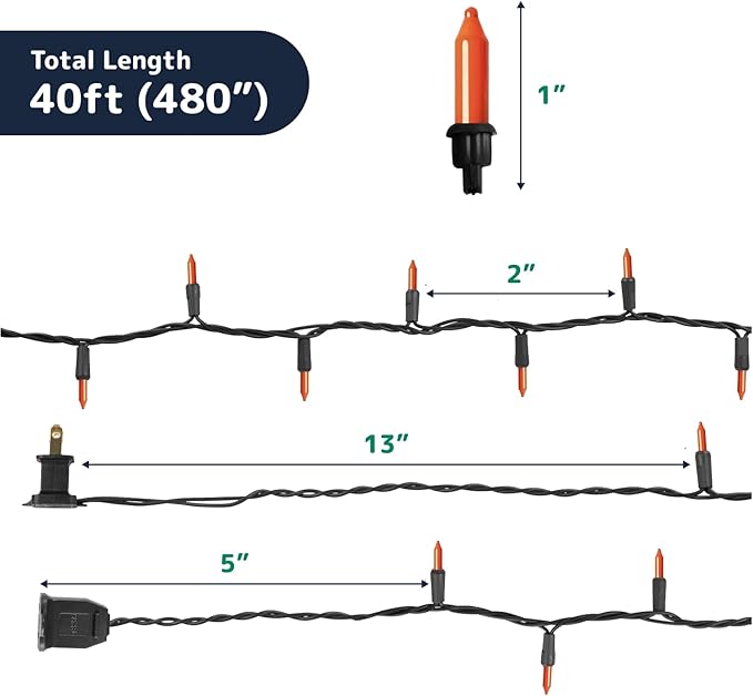 PREXTEX Incandescent Orange Christmas Lights with Black Wire - 200 Count Light Bulbs, 40ft Twinkle Lights - Connects Up to 4 Strings - Indoor/Outdoor Colored Lighting for Halloween or Any Occasion