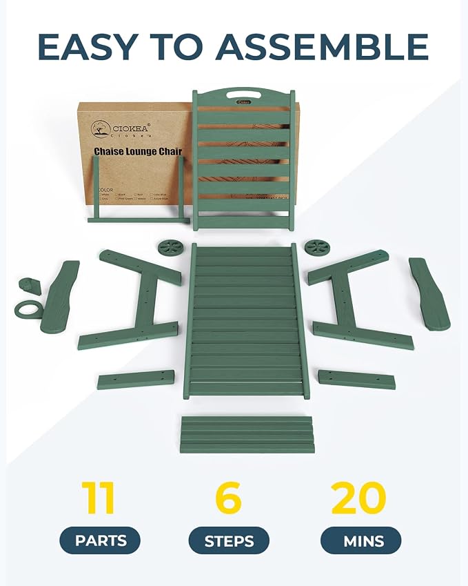 Ciokea Outdoor Lounge Chair with Rolling Wheels & Cup Holder, All Weather Patio Chaise Lounge Chair for Outside, 5 Position, HDPE Chair for Patio Deck, Pool, Green
