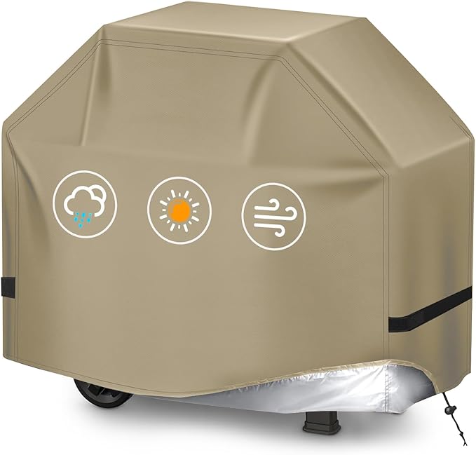 BBQ Gas Grill Cover for Outdoor, Anti-UV, Rip-Proof, 600D Oxford Fade Resistant Material, Barbecue Cover with Hook and Loop Straps & Adjustable Hem Drawstring (Beige, 55”x23”x42”)