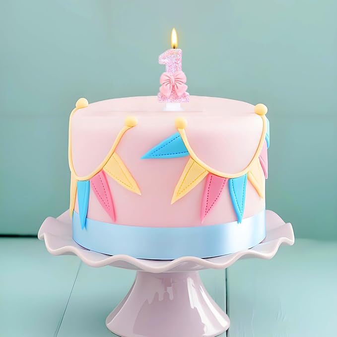 Pink Number 1 Candle for First Birthday Cakes, Pink Sequins and Bowtie 1 Birthday Candle for Girls Pastel Sweet Theme Birthday Party or Adults Milestone Age Decoration
