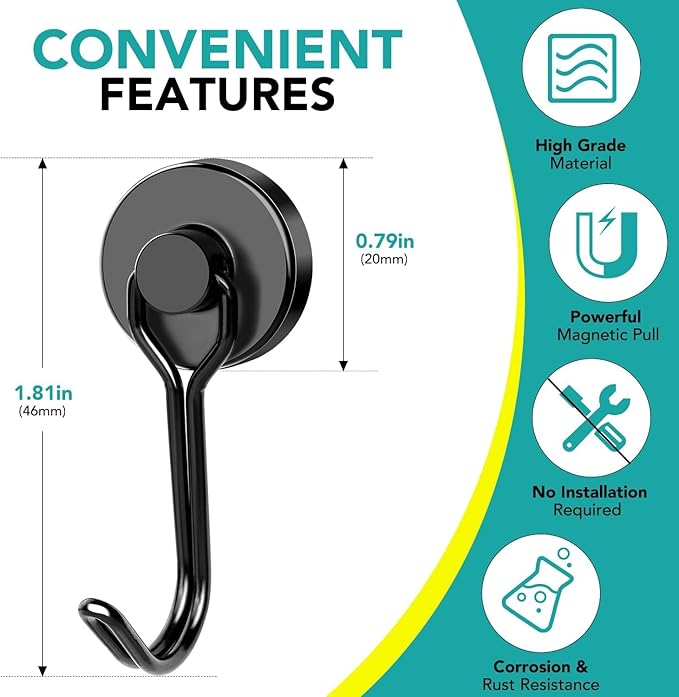 DIYMAG Black Magnetic Hooks, 80LBS Strong Magnetic Hooks Heavy Duty, Strong Magnet Hooks with Metal Hanger for Hanging Refrigerator Home Kitchen Office, 16Pack