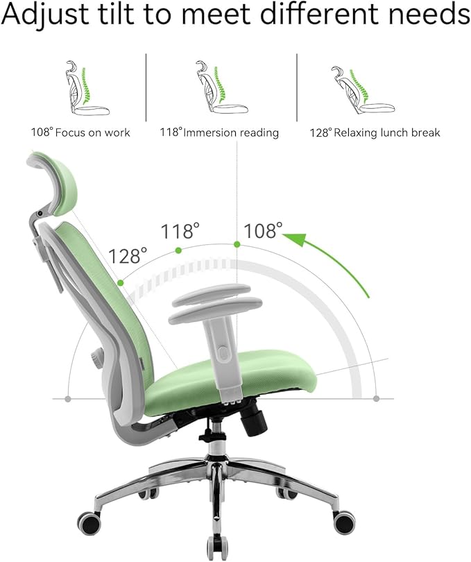 SIHOO M18 Ergonomic Office Chair, Computer Desk Chair with Adjustable Headrest and Lumbar Support, High Back Executive Swivel Chair for Home Office (Light Green)