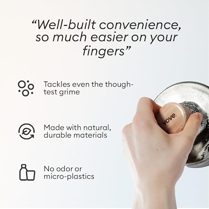 Vove Premium Magnetic Scrubber with Bamboo Handle - Steel Wool Scourer for Pots, Pans & Bottles - Heavy Duty Kitchen Cleaner with 3 Recyclable Steel Pads - Stainless Steel Scrubber Set