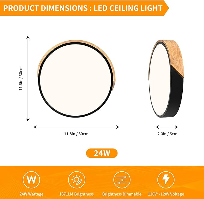 Modern Dimmable Black Flush Mount Ceiling Light Wood Close to Ceiling Lights for Bedroom Round Ceiling Lamp Lighting Fixture for Hallway Kitchen Laundry Room(11.8in)