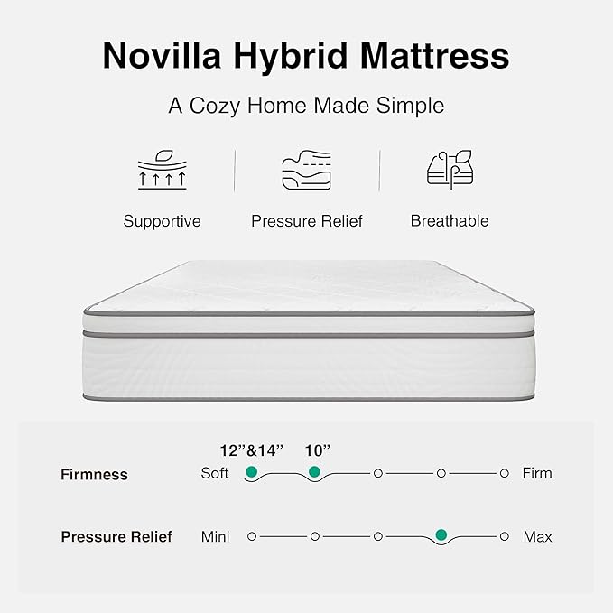 Novilla Full Mattress 10 Inch, Hybrid Mattress Full Size with Comfy Support, Bed Mattresses in a Box with Individual Pocket Springs for Motion Isolation & Pressure Relief, Certipur-Us Certified