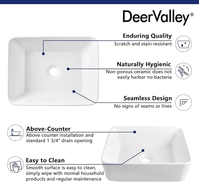 DeerValley Liberty 16x12 Inch Rectangular Vessel Sink, White Ceramic Above Counter Bathroom Basin, DV-1V0048