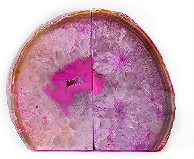 JIC Gem Pink Dyed Agate Bookends Geode Book Ends Stone Bookends for Shelves to Hold Books Heavy Duty with Rubber Bumpers for Decoration Brazilian(1 Pair, 3-4 LBS)