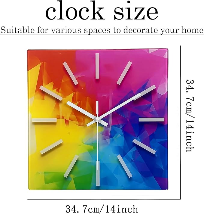 Square Glass Wall Clock Silent Analog Wall Clocks Battery Operated 14 Inch