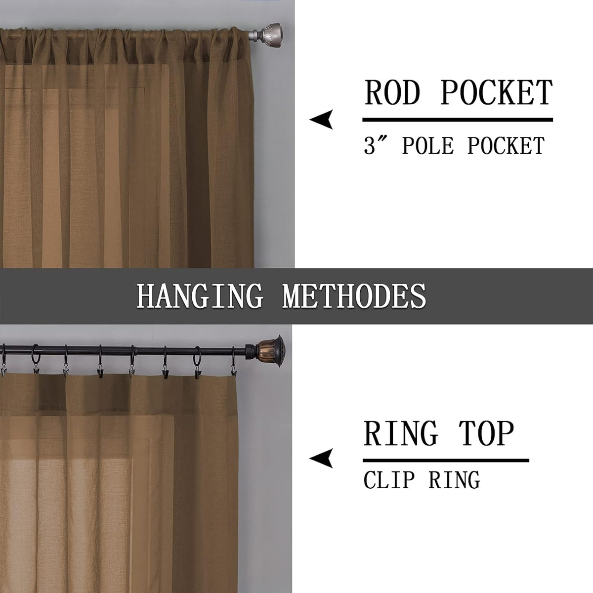 Tollpiz Sheer Curtains Linen Textured Bedroom Curtain Sheers Light Filtering Rod Pocket Voile Curtains for Living Room, 54 x 63 inches Long, Brown, Set of 2 Panels
