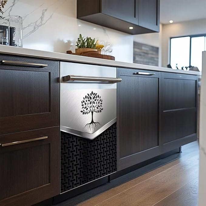 Dishwasher Front Panel Covers Magnetic Sticker Panel Decal Stainless Steel Design Tree Pattern Refrigerator Magnetic Cover Sticker Decorative for Kitchen Decor 23W x 26H inchs