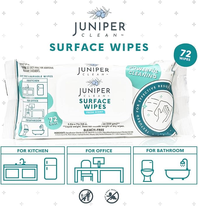 6 Pack Surface Cleaning Wipes Bleach Free, All-Purpose Cleaner for Bathroom, Kitchen, Office, 72 Count Soft Flow, Fresh Scent, Lint Free & Durable