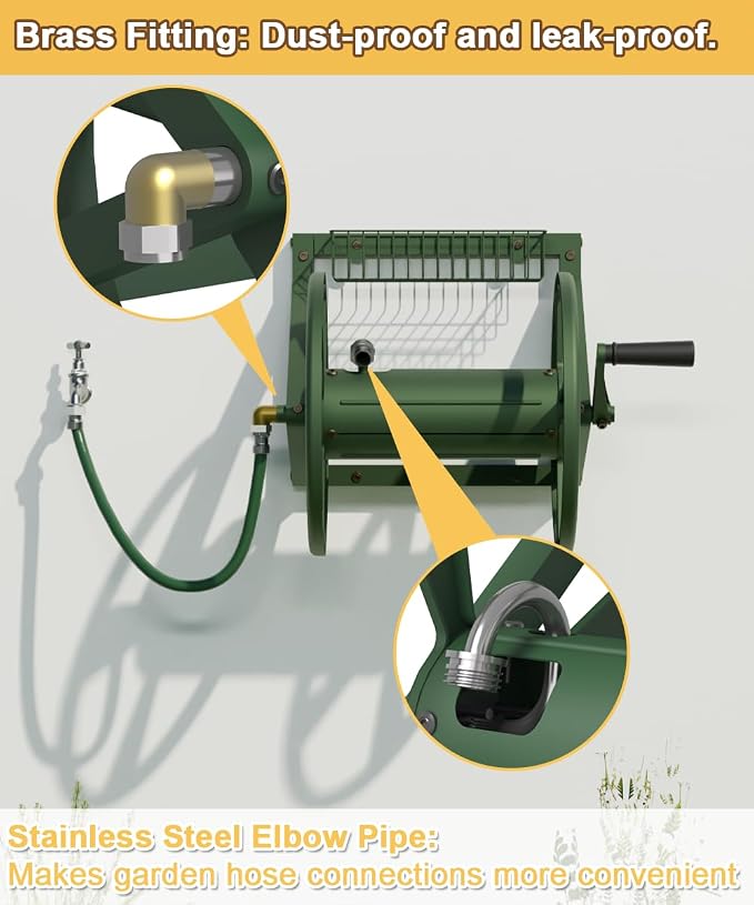 Artigarden Triangle Wall Mounted Garden Hose Reel, Outdoor Heavy-Duty Water Hoses Holder Winder, Holds 125 Ft of 5/8-Inch Hose, with 3.9 ft Leader Hose, Brass Fitting, Storage Basket for Yard, Green