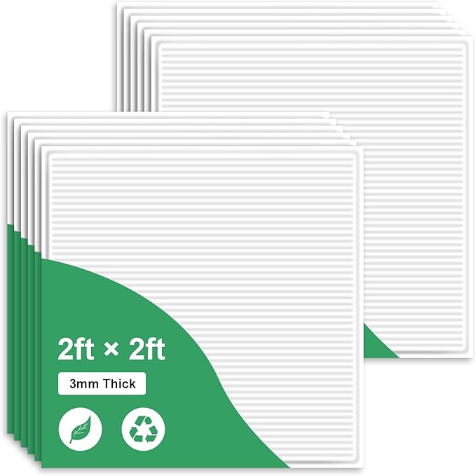 12 PCS 2ft x 2ft PVC White Slat Decorative Ceiling Tiles, Fluted Drop Ceiling