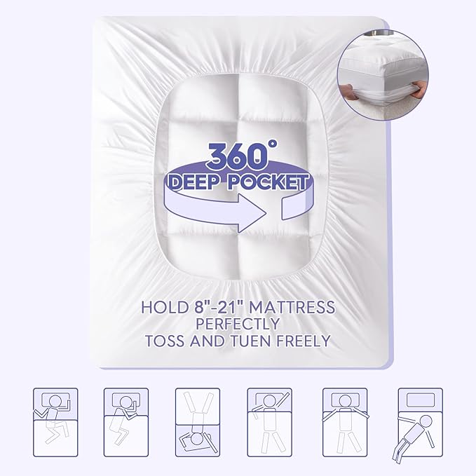 ABENE Mattress Topper for Back Pain Relief, Extra Thick Mattress Pad Pillowtop, Soft Mattress Protector Cover with 8"-21" Deep Pocket (Pure White, Queen, Feather Down)