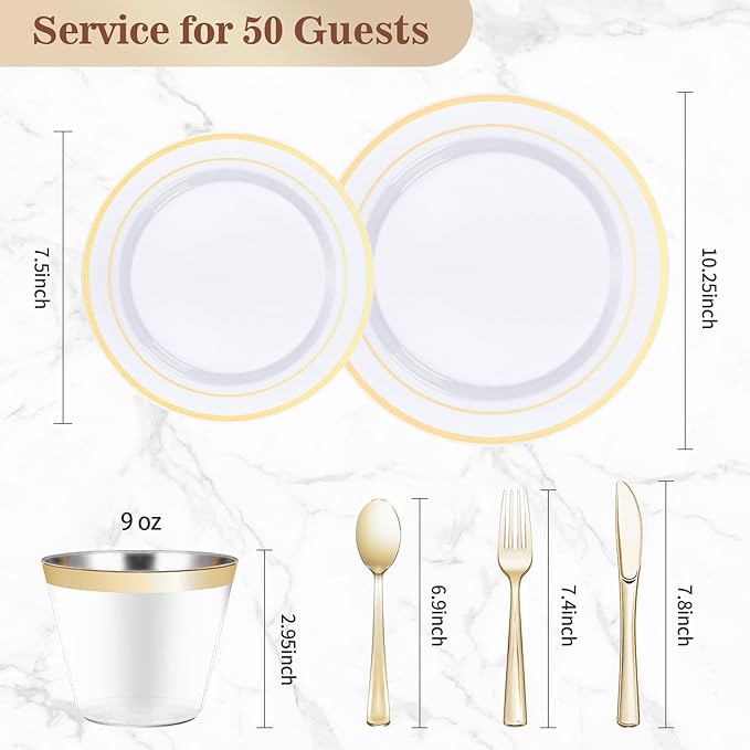 BESTVIP 300PCS Plastic Dinnerware Set (50 Guests), Gold Disposable Plates for Party, Wedding, Christmas, Anniversary, Includes: Dinner Plates, Dessert Plates, Cups, Spoons, Forks and Knives