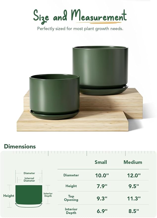 LE TAUCI Ceramic Pots for Plants, Set of 2, 10 + 12 Inch Plant Pot with Drainage Hole and Saucer, Durable & Stylish Planters for Indoor Plants, Elevate Your Home’s Aesthetic, Forest Green