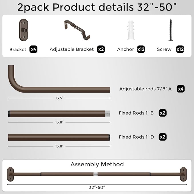 2 Pack Curtain Rods 32-46 Inch, Bronze Wrap Around Blackout Curtain Rods