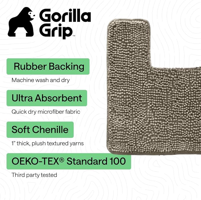 GORILLA GRIP Plush Absorbent Shaggy Chenille Bath Rug Mat for Square Toilet Base with Rubber Backing, Machine Washable Rugs, Soft Microfiber Contour Mats for Toilets, Bathroom Decor, Latte