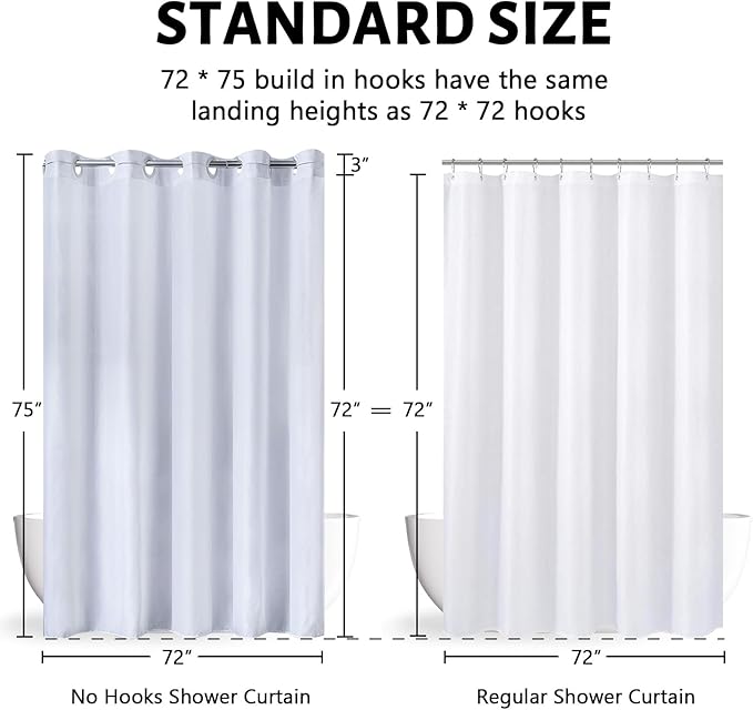 Furlinic 72x75 Waterproof No Hook Needed White Shower Curtain,Soft Polyester Fabric Bathroom Curtain with 10 Rustproof Split Grommet,Light Weighted & Washable, Hotel Style, Standard Size.