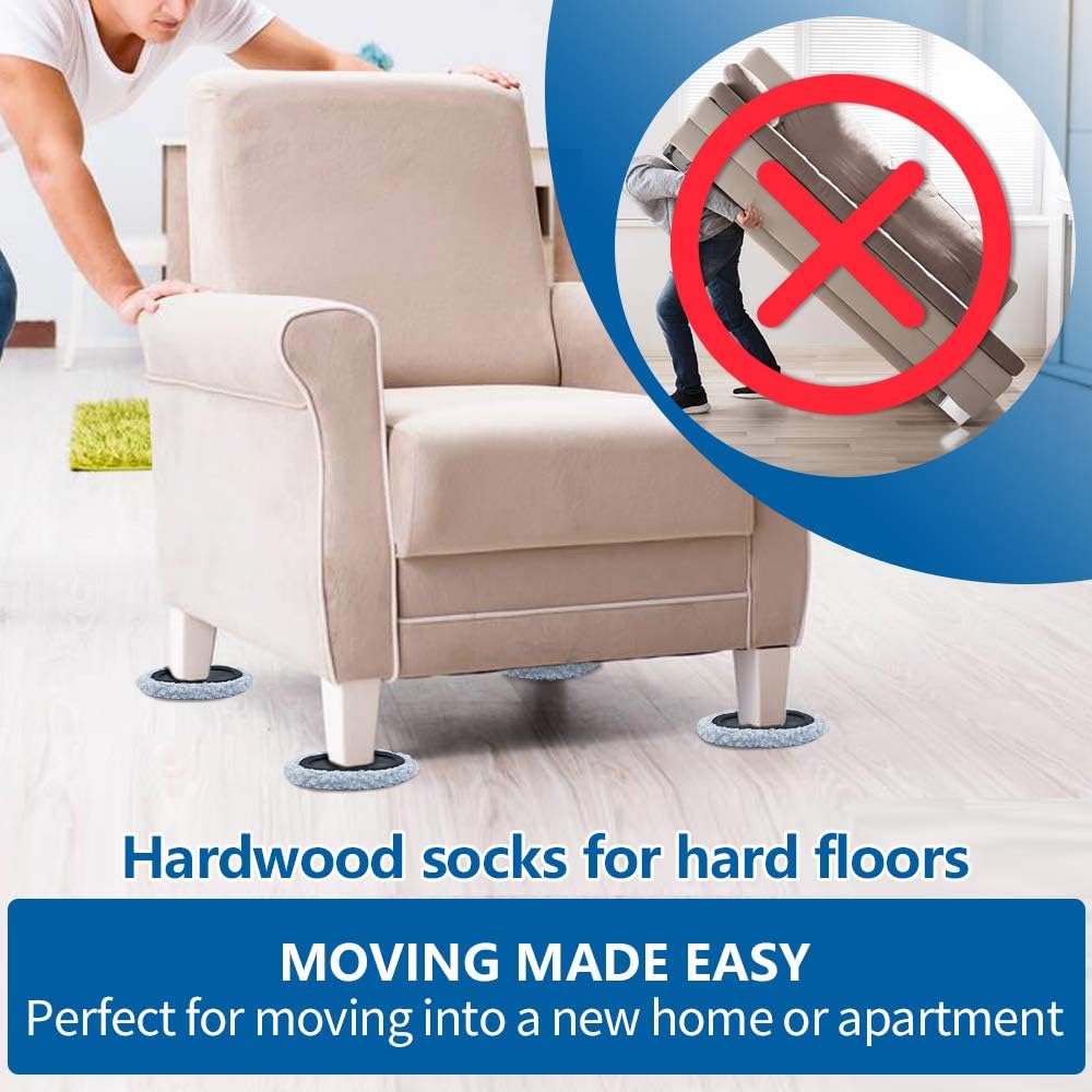 Furniture Sliders, Multi-Surface 2-in-1 Reusable Sliders for Carpet & Hardwood Floors, 8 Pack 3 1/2" Moving Pads and 8 Hardwood Socks, Protect Floors and Easy to Move Your Furniture