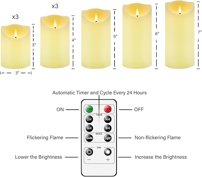 Flameless Candles with Remote, Battery Operated Flickering Flameless Candles, LED Candles with Timer 2/4/6/8H, with Realistic LED Candles Set of 9 (D3 x H 3" 4" 5" 6" 7") (Ivory)