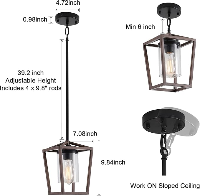 SGLfarmty Farmhouse Bar Pendant Lighting for Kitchen, Single Pendant Island Light with Wooden Finish，Modern Industrial Metal Pendant Light Fixtures，Rustic Ceiling Lantern Hanging Light,1 Pack