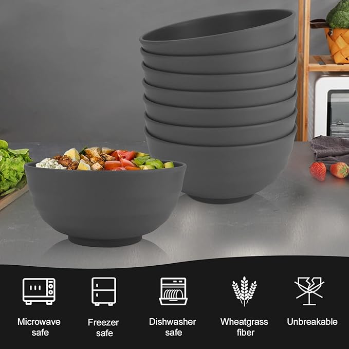 Homienly Wheat Straw Bowl Set, 60 OZ Unbreakable Lightweight Salad Bowls Set of 8, Bowls for Serving, Soup, Cereal, Dinner, Ramen, Microwave and Dishwasher Big Bowl for Kitchen, Camping(Grey, 60 OZ)