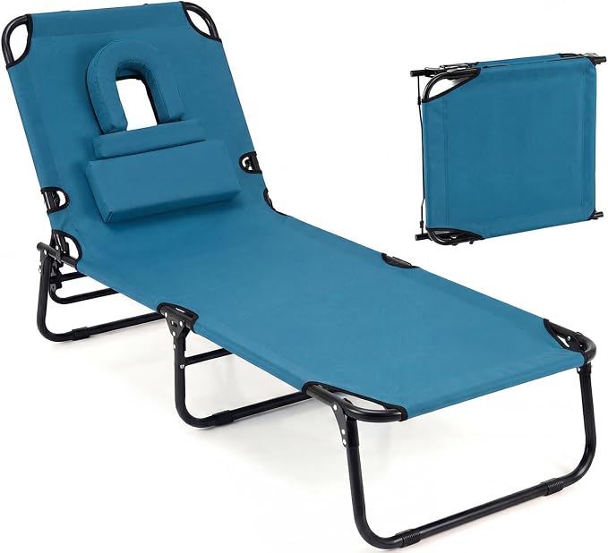 Giantex 350lbs Adjustable Patio Lounge Chair w/Face Hole, Removable Pillows, Carry Strap, Layout Chair, Folding Beach Chair, Outdoor Chaise Lounge for Poolside Lawn Tanning (1, Blue)