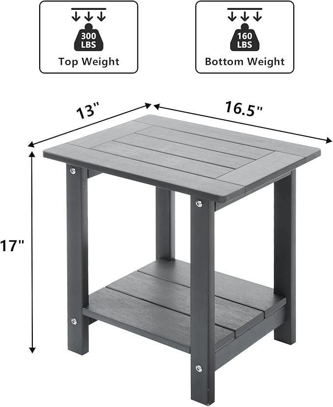 Meluvici Double Adirondack Outdoor Side Table Weather Resistant, Outdoor Rectangular Patio End Table for Adirondack Chair, Grey