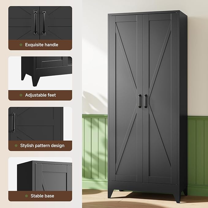 Letaya 75" H Metal Storage Cabinet with 2 Doors and 4 Shelves,Tall Kitchen Pantry Cabinets,Farmhouse Utility Pantry Organizers for Cupboard/Dining/Bathroom/Home Office/Garage Room,Black