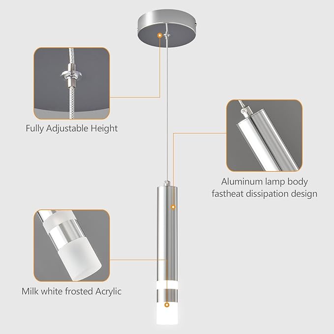 Modern Pendant Light Kitchen Fixture Dimmable LED Chrome Mini Pendant Lighting fo Kitchen Island Bedroom Bedside Table Small Pendant Lights (2-Pack)