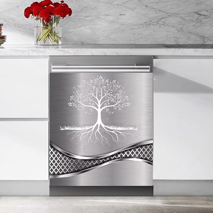 Imitation Stainless Steel Design Tree Painting Dishwasher Magnetic Cover Sticker Refrigerator Door Panel Fridge Appliance Magnet Decal Sheet Kitchen Decor 23x26 inch
